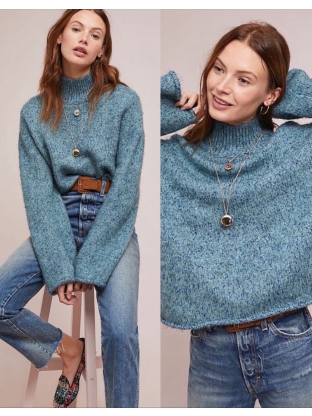 Anthropologie Moth Blue Sparkle Knit Tinsel Mock Neck Sweater